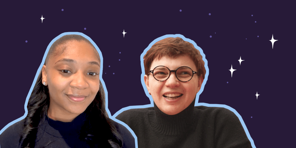 Two apprentices pictured Tamia and Fanny with a blue outline around them against a dark purple background with stars.