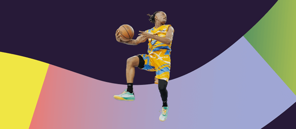 A basketball player in a vibrant yellow and blue uniform leaps mid-air while holding a basketball, against a colorful background with curved shapes in shades of yellow, red, purple, and green.